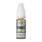 A bottle of Elf Bar ElfLiq Blue Razz Lemonade Nic Salt Vape Juice with a label showing the product name and flavor, along with the nicotine strength of 20mg and a 50/50 VG/PG ratio.
